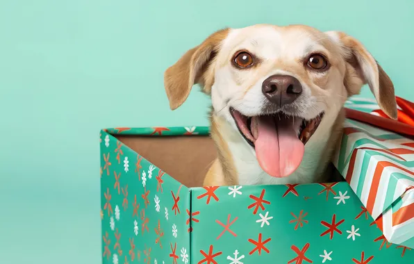 Language, look, box, gift, dog, Christmas, New year, face