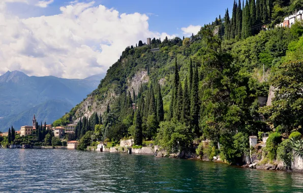 The sky, clouds, trees, mountains, lake, Villa, home, Italy