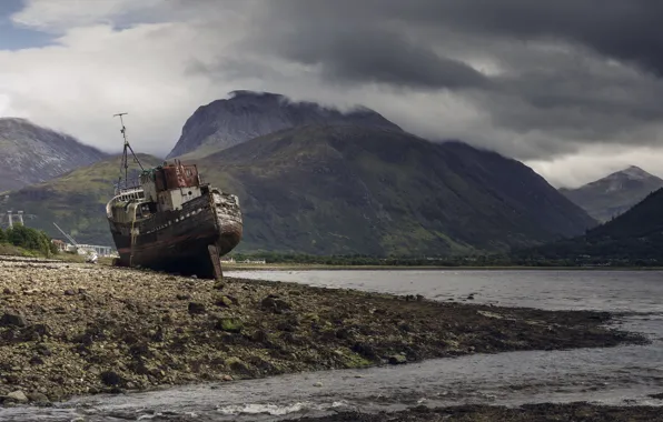 Mountains, clouds, stones, overcast, shore, ship, pond, the ship