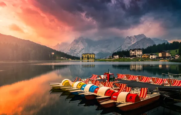 Picture mountains, lake, Italy, The Dolomites, Misurina