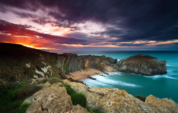 Sea, the sky, clouds, sunset, mountains, Cape
