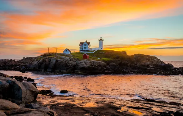 Sea, the sky, clouds, sunset, rocks, lighthouse