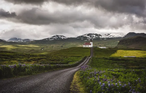 Picture road, field, temple