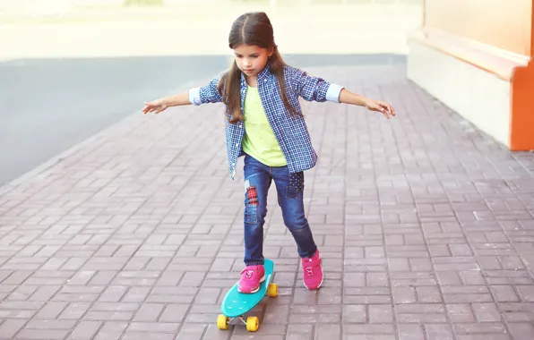 Picture street, child, jeans, hands, girl, shirt, walk, Skateboard