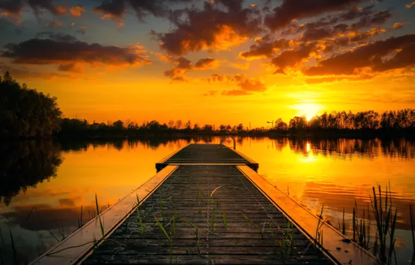 Sunset, lake, pier, Sunset Lake