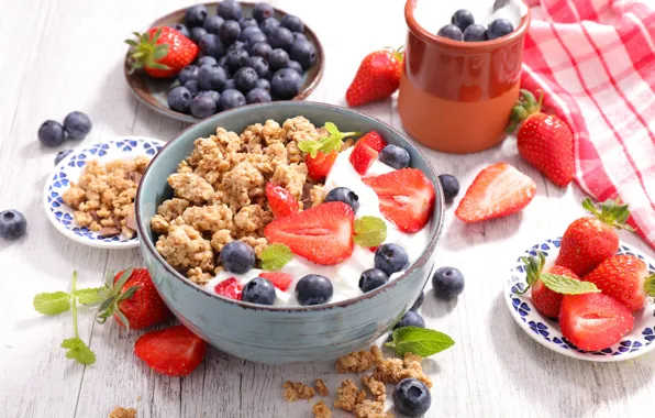 Berries, Breakfast, blueberries, strawberry, wood, muesli, yogurt