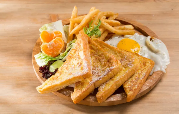 Breakfast, scrambled eggs, salad, toast, Mandarin, French fries
