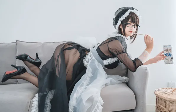 Pose, Asian, side view, stockings, brunette, asian, sofa, maid
