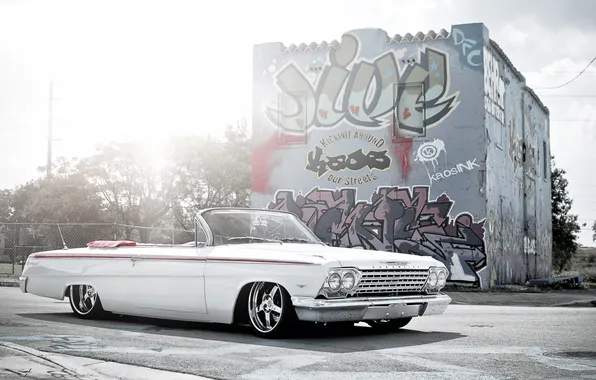 Street, graffiti, Chevrolet, white, white, convertible, Chevrolet, Blik