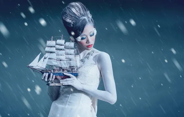 Picture girl, background, ship