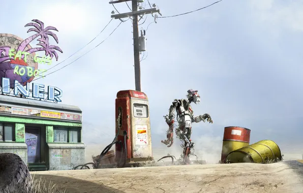 Picture road, robot, dressing, post, tires, barrels, eatery