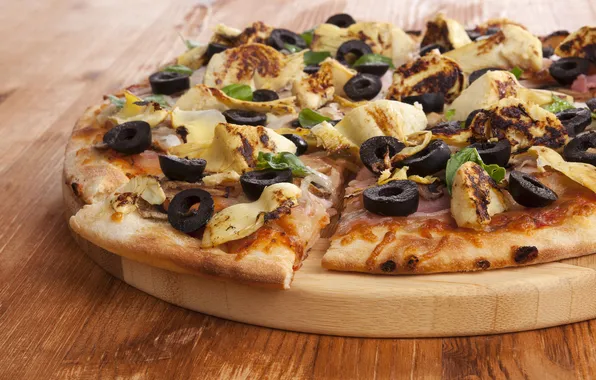 Picture pizza, cheese, dough, wooden plate, portion