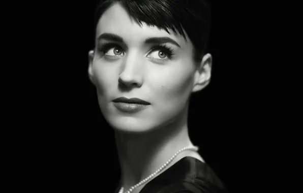 Picture portrait, makeup, actress, brunette, hairstyle, black and white, black background, Rooney Mara