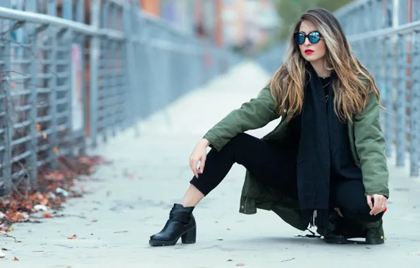 Girl, pose, scarf, glasses, jacket, bokeh
