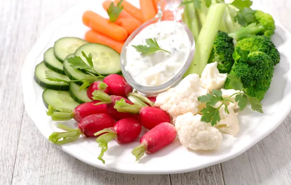 Greens, cucumber, vegetables, carrots, sauce, cabbage, vegetables, cabbage