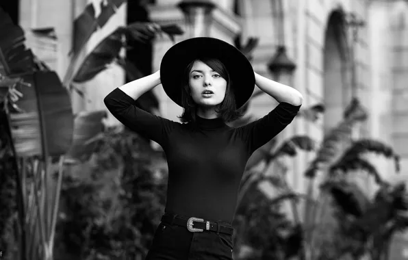 Picture girl, pose, model, portrait, hat, figure, black and white, bokeh