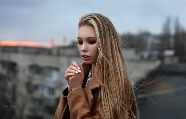 Girl, face, pose, portrait, hands, makeup, coat, long hair