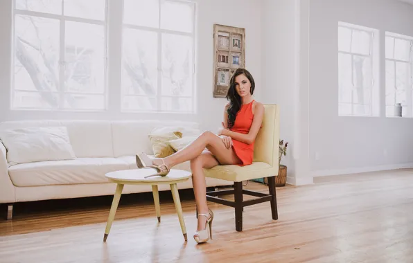 Girl, room, dress, legs, beauty, sitting