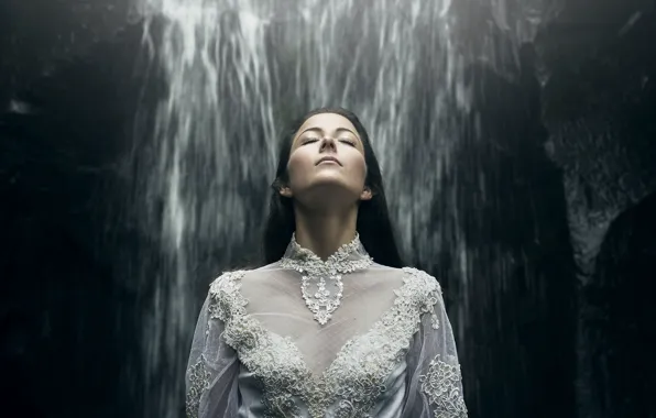 Girl, mood, waterfall, dress, lace