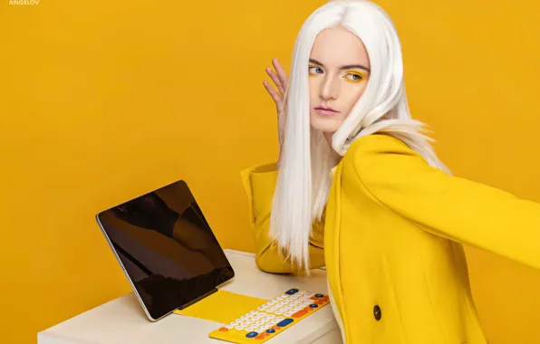 Girl, pose, style, makeup, blonde, keyboard, jacket, tablet