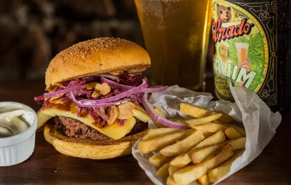 Drink, hamburger, french fries
