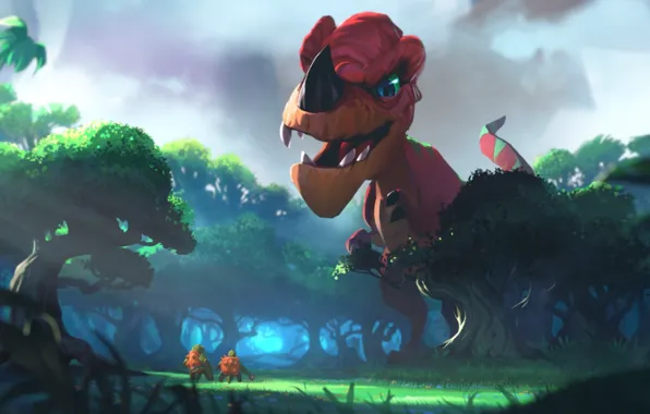 Trees, glade, dinosaur, art, lizard, trees, art, clouds