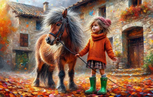 Autumn, house, street, foliage, hat, home, girl, pony