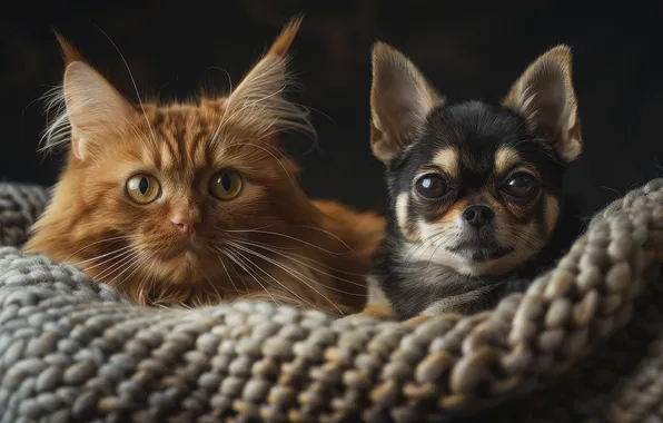 Cat, cat, look, pose, together, dog, red, black