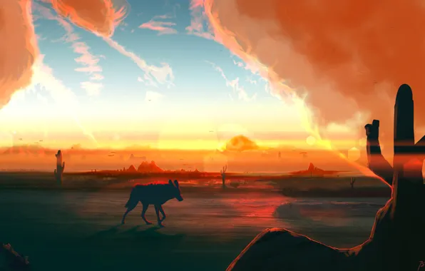 Sunset, The sun, Figure, Sound, Fantasy, Landscape, Nature, Art