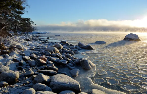 Winter, sea, stones, coast, Finland, The Baltic sea, Helsinki, Uusimaa