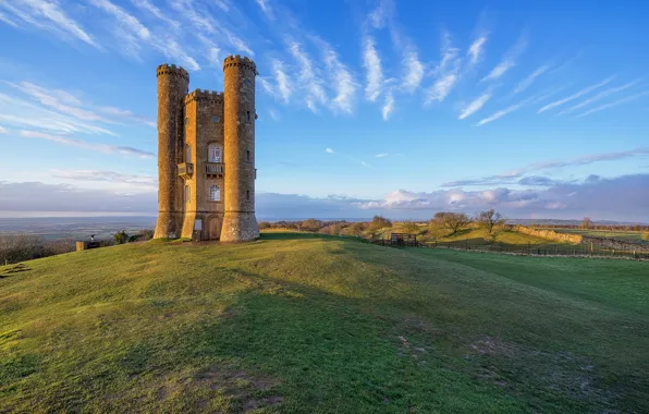 The sky, clouds, England, tower, hill, Broadway Tower, Middle Hill