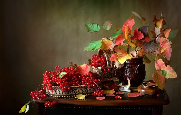 Picture autumn, leaves, branches, berries, deer, vase, still life, table