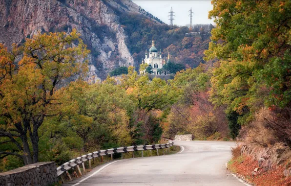 Road, autumn, landscape, mountains, nature, temple, forest, Crimea
