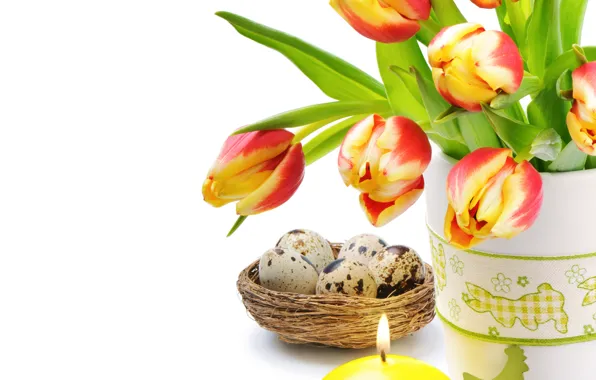Flowers, eggs, candles, Easter, tulips, Easter