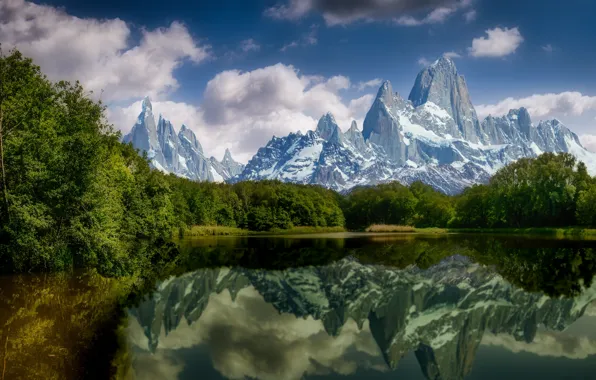 Clouds, trees, landscape, mountains, nature, lake, reflection
