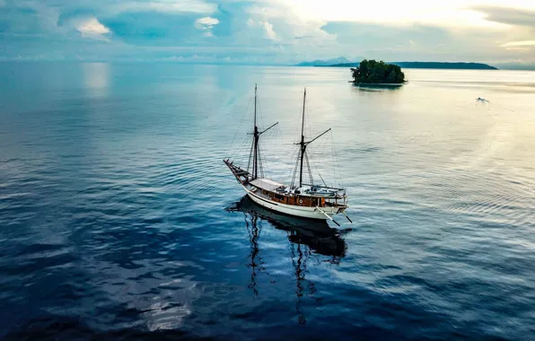 Clouds, the ocean, ship, island, sailboat, Indonesia, top, mast