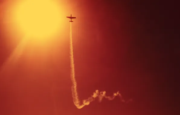 The sky, the sun, flight, aviation, heaven, smoke, speed, the evening