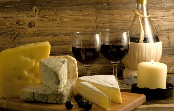 Lights, table, wine, Board, glass, bottle, candles, cheese