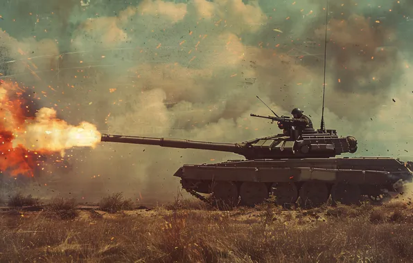 Smoke, Fire, Retro, Tank, Shot, Side, Digital art, Tanker