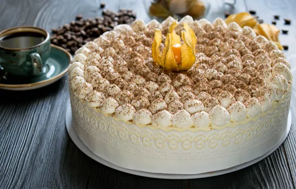 Coffee, cake, physalis, tiramisu