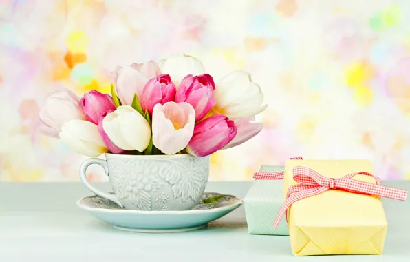 Flowers, box, gift, bouquet, Cup, tulips, pink, box