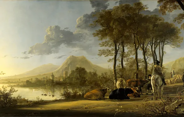 Animals, mountain, picture, The Albert Cuyp, Aelbert Jacobsz Cuyp, River Landscape with Horseman and Peasants