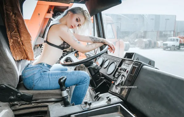 Machine, look, girl, pose, jeans, figure, the wheel, truck