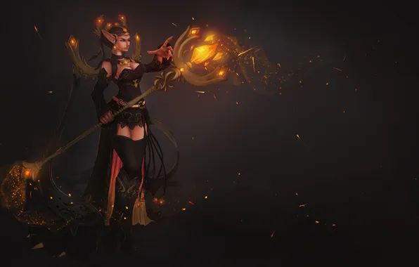 Look, girl, background, magic, art, staff, elf