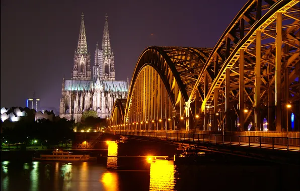 Night, bridge, lights, river, the evening, Cathedral, Germany, Cologne