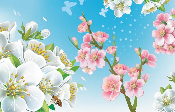 Flowers, branches, bee, vector, spring