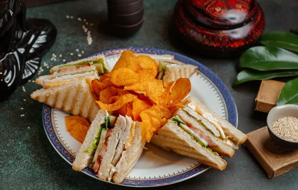Plate, bread, sesame, chips, sandwiches, sandwich