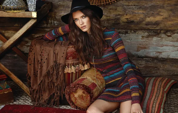 Girl, hat, makeup, brunette, hairstyle, beauty, jumper