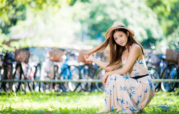 Picture look, girl, hair, hat, dress, Asian, cutie, bokeh