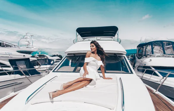 Girl, pose, style, yachts, dress, shoes, neckline, legs
